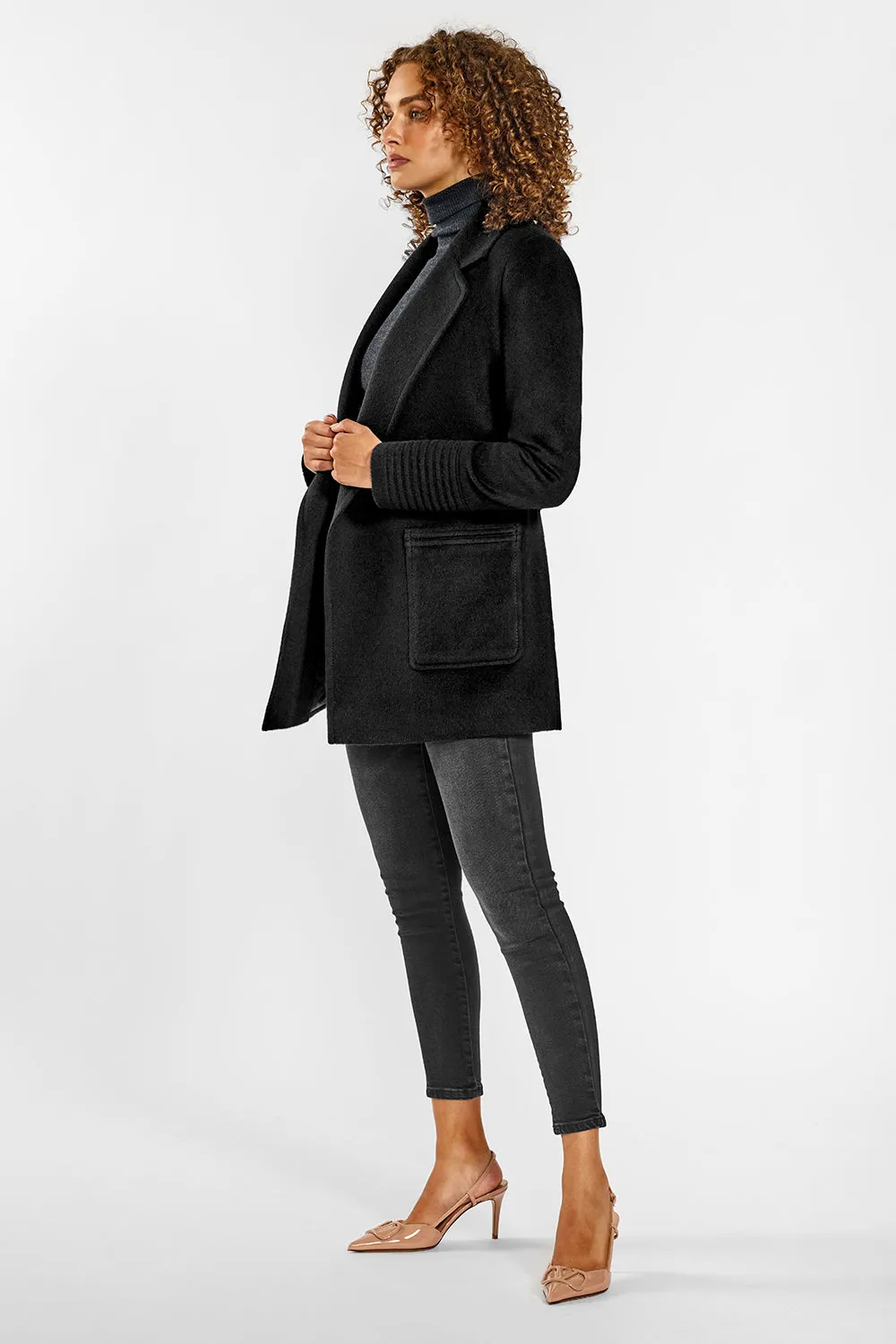 Baby Alpaca Cropped Notched Collar Wrap Coat with Square Pockets