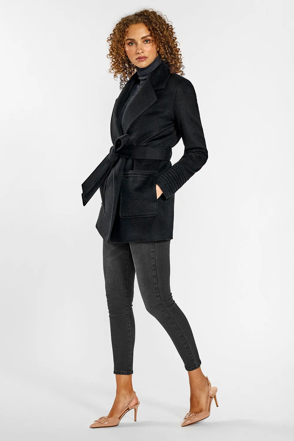 Baby Alpaca Cropped Notched Collar Wrap Coat with Square Pockets