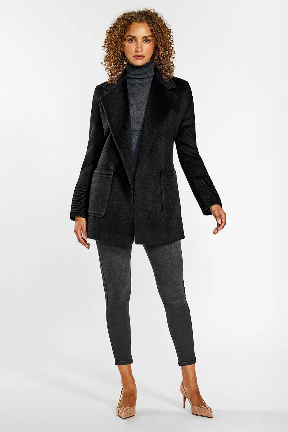 Baby Alpaca Cropped Notched Collar Wrap Coat with Square Pockets