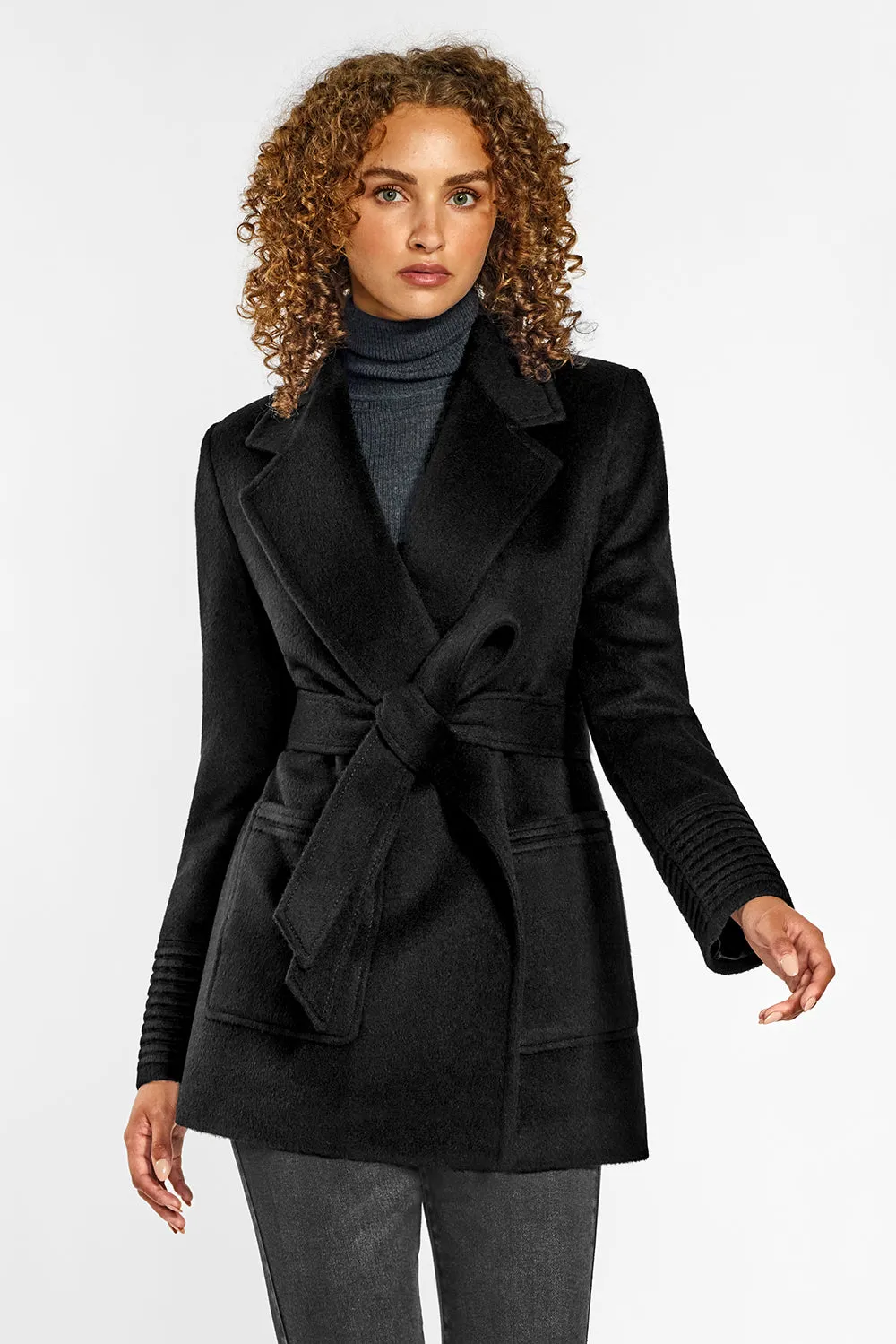 Baby Alpaca Cropped Notched Collar Wrap Coat with Square Pockets