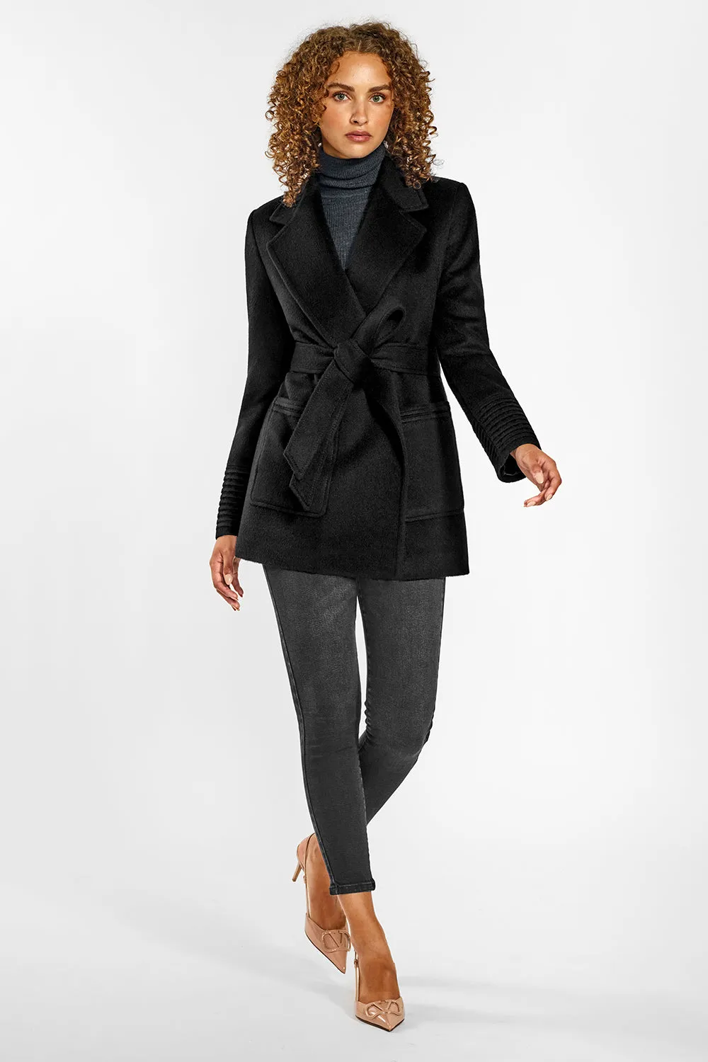 Baby Alpaca Cropped Notched Collar Wrap Coat with Square Pockets