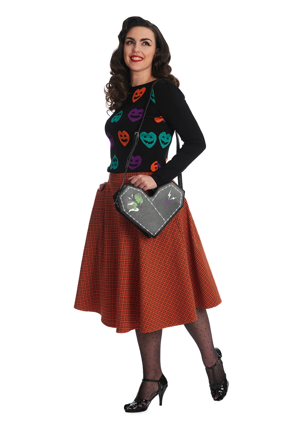 Banned Halloween Hearts Top in Black Knitted Jack-o-Lantern