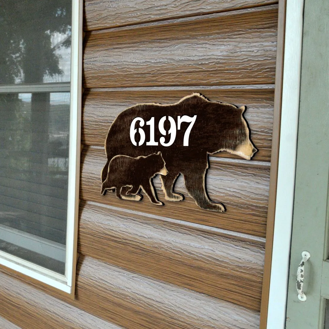 Bear Family Log Wooden House Number Sign by G. DeBrekht - Nature Wildlife Décor - MA982143