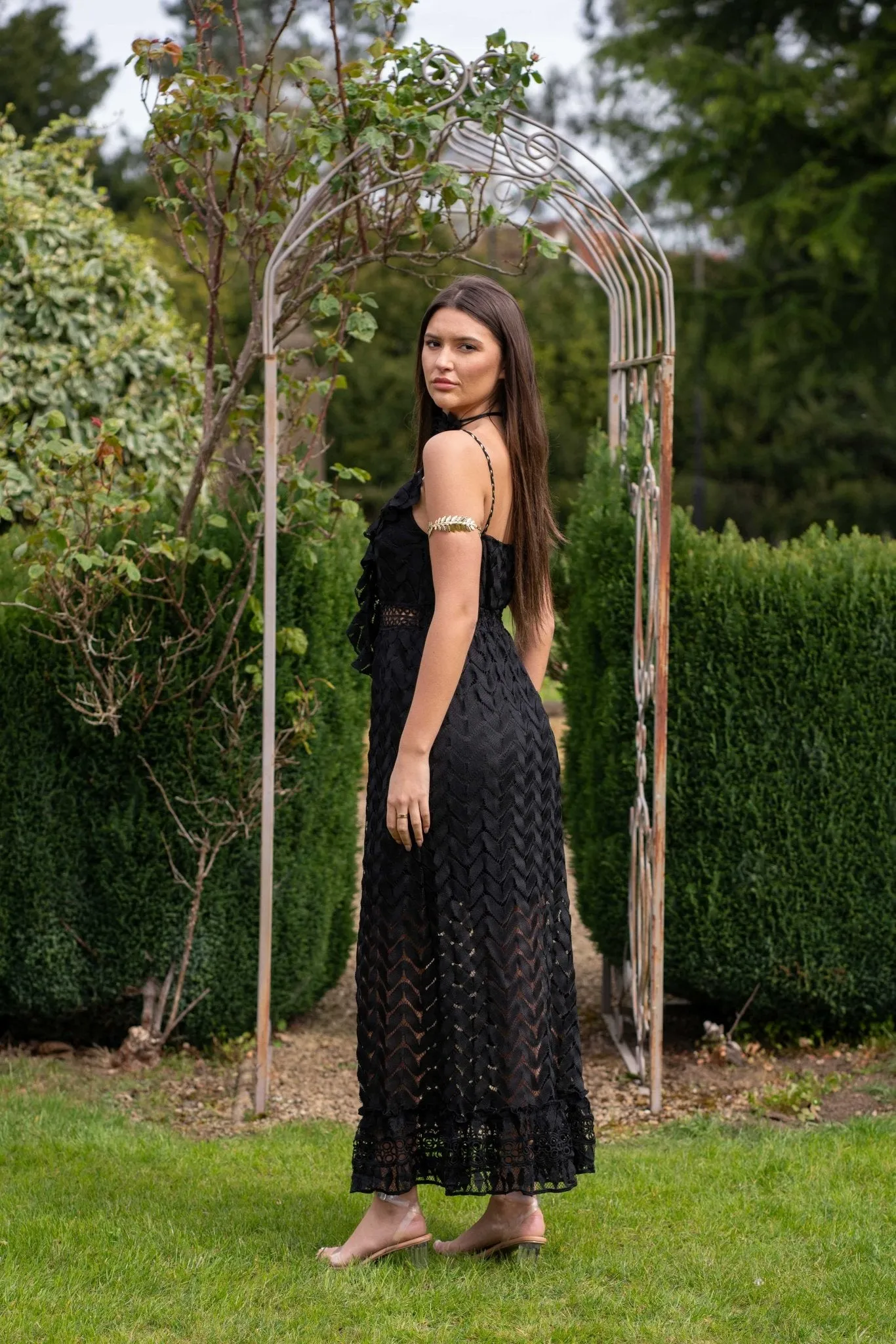 Black Boho Frill Front Maxi Dress