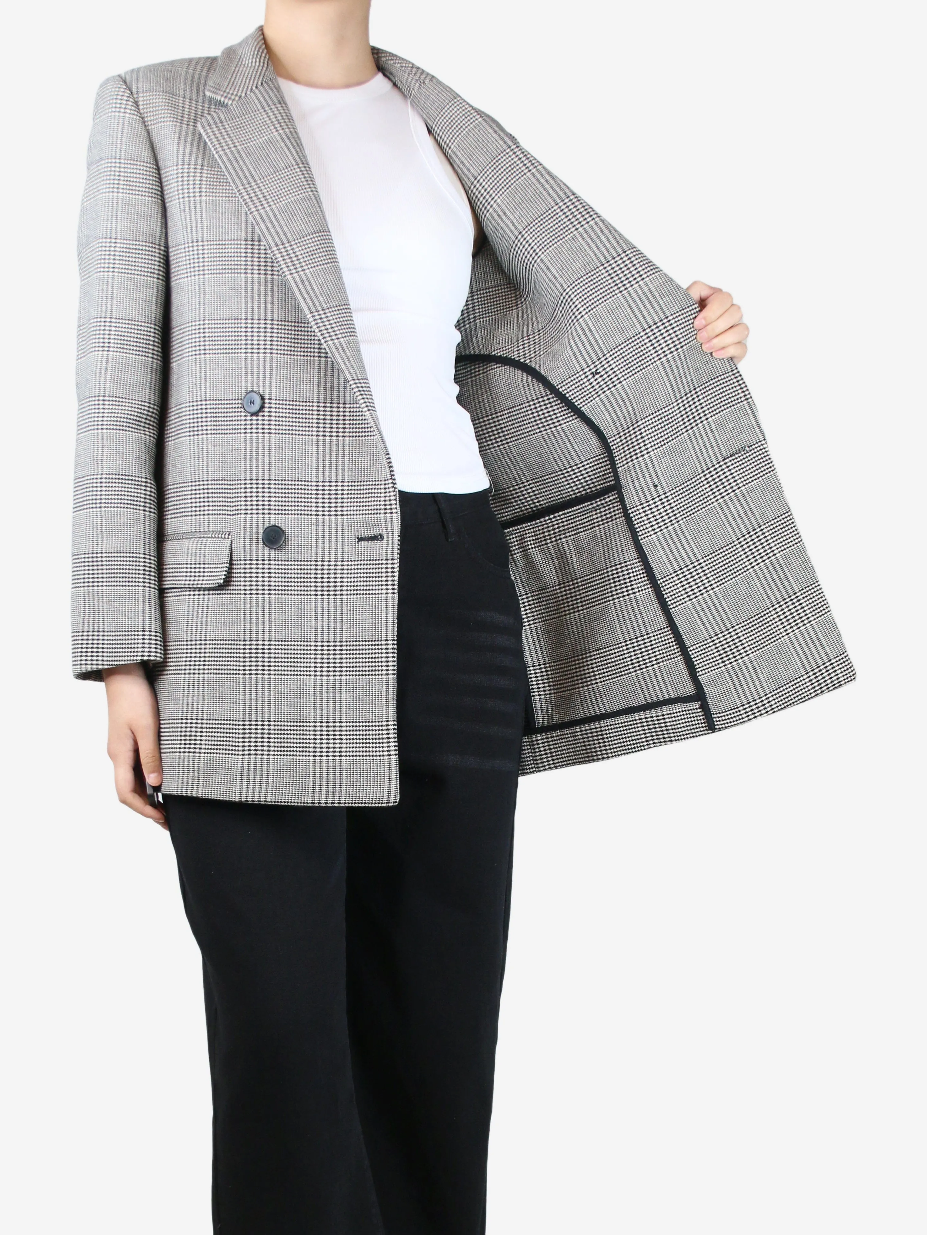Black double-breasted wool houndstooth blazer - size UK 12