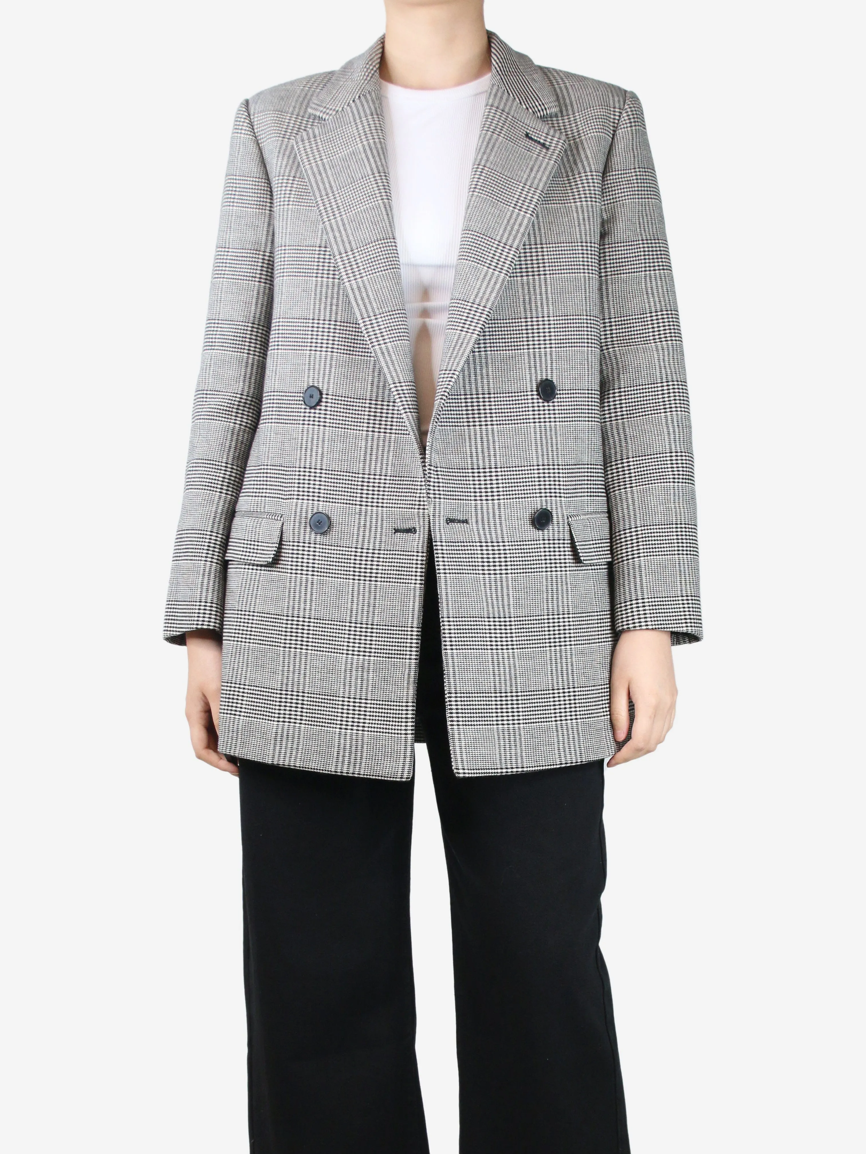 Black double-breasted wool houndstooth blazer - size UK 12