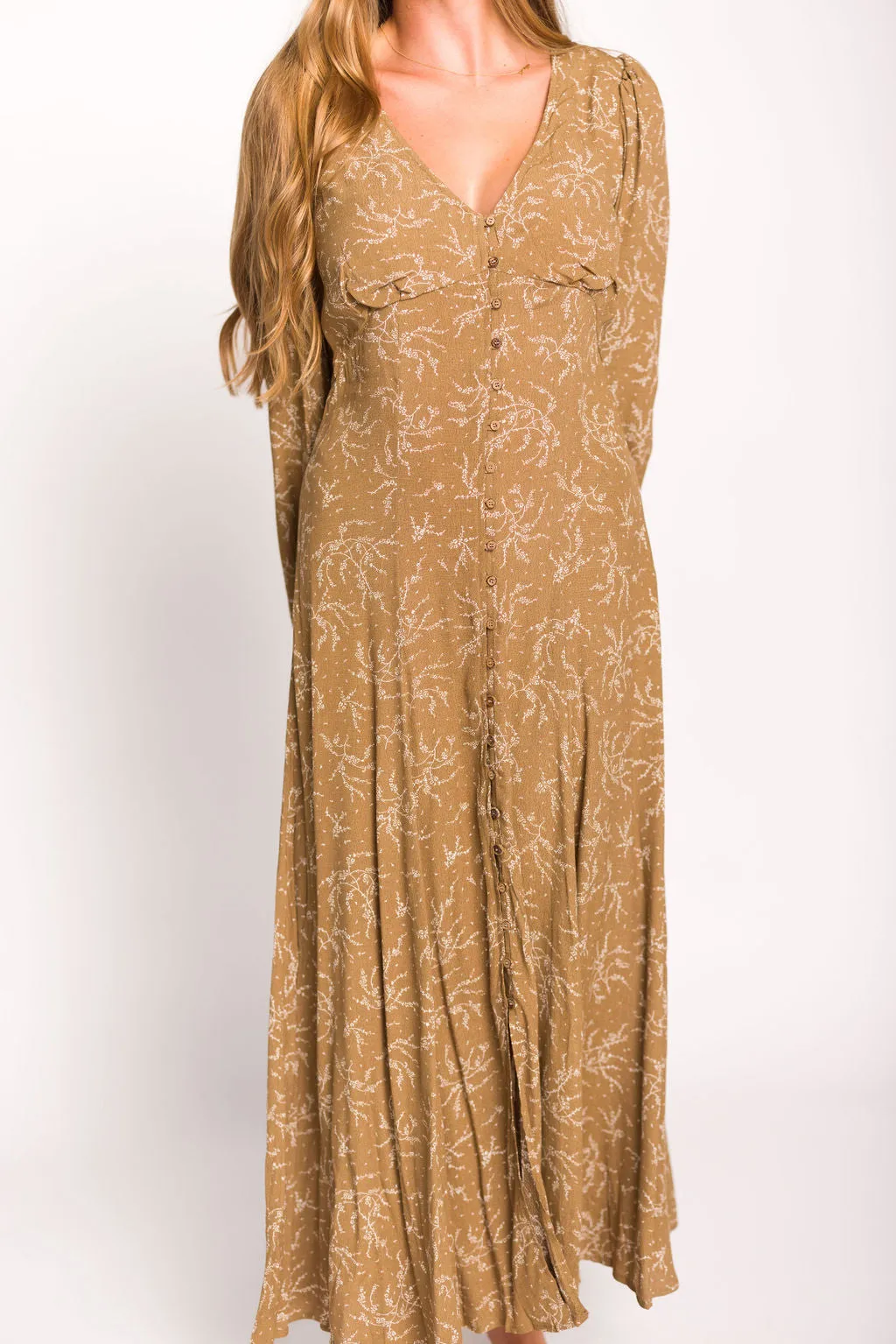 Brandi Long-Sleeve Button-Up Maxi Dress in Umber