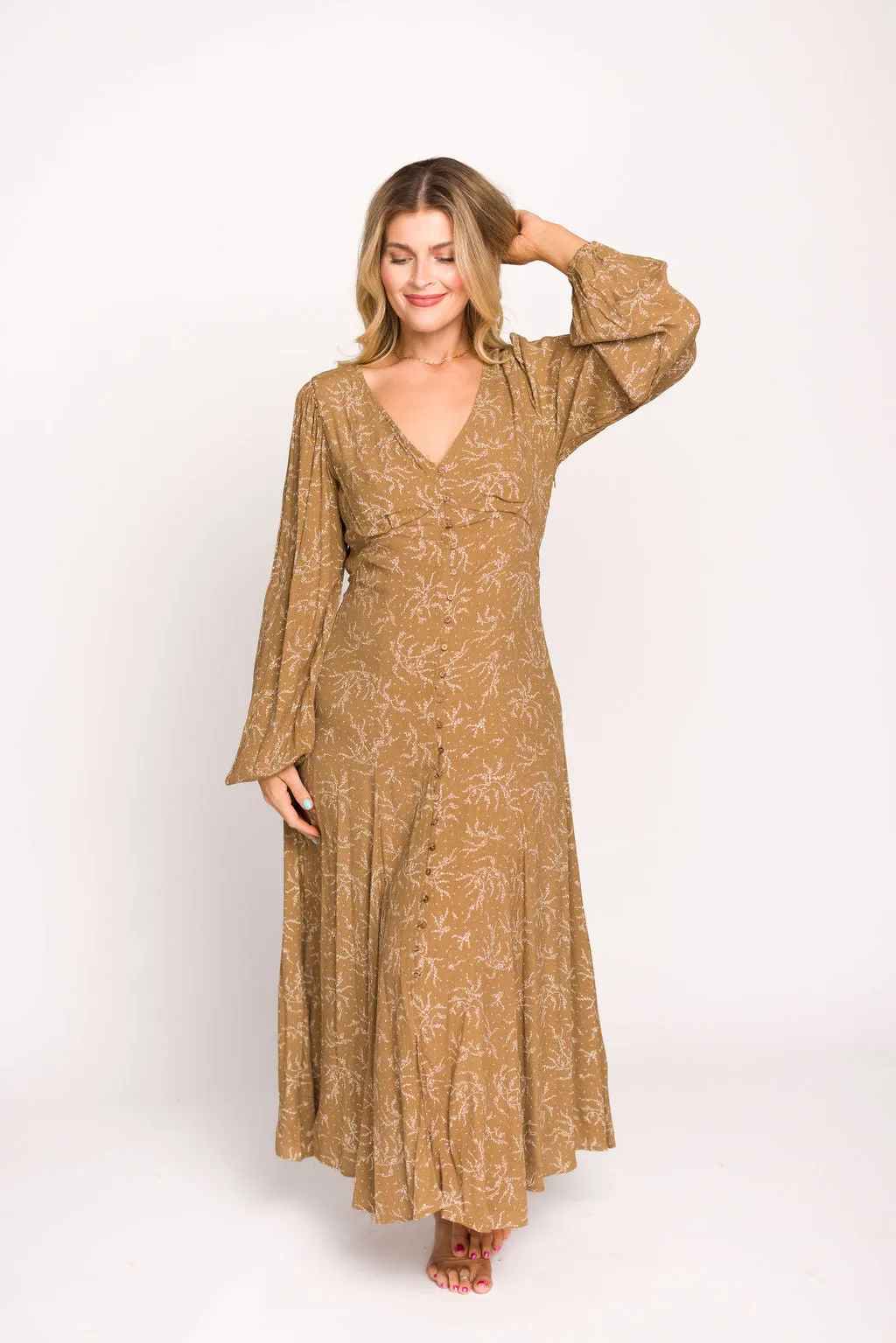 Brandi Long-Sleeve Button-Up Maxi Dress in Umber