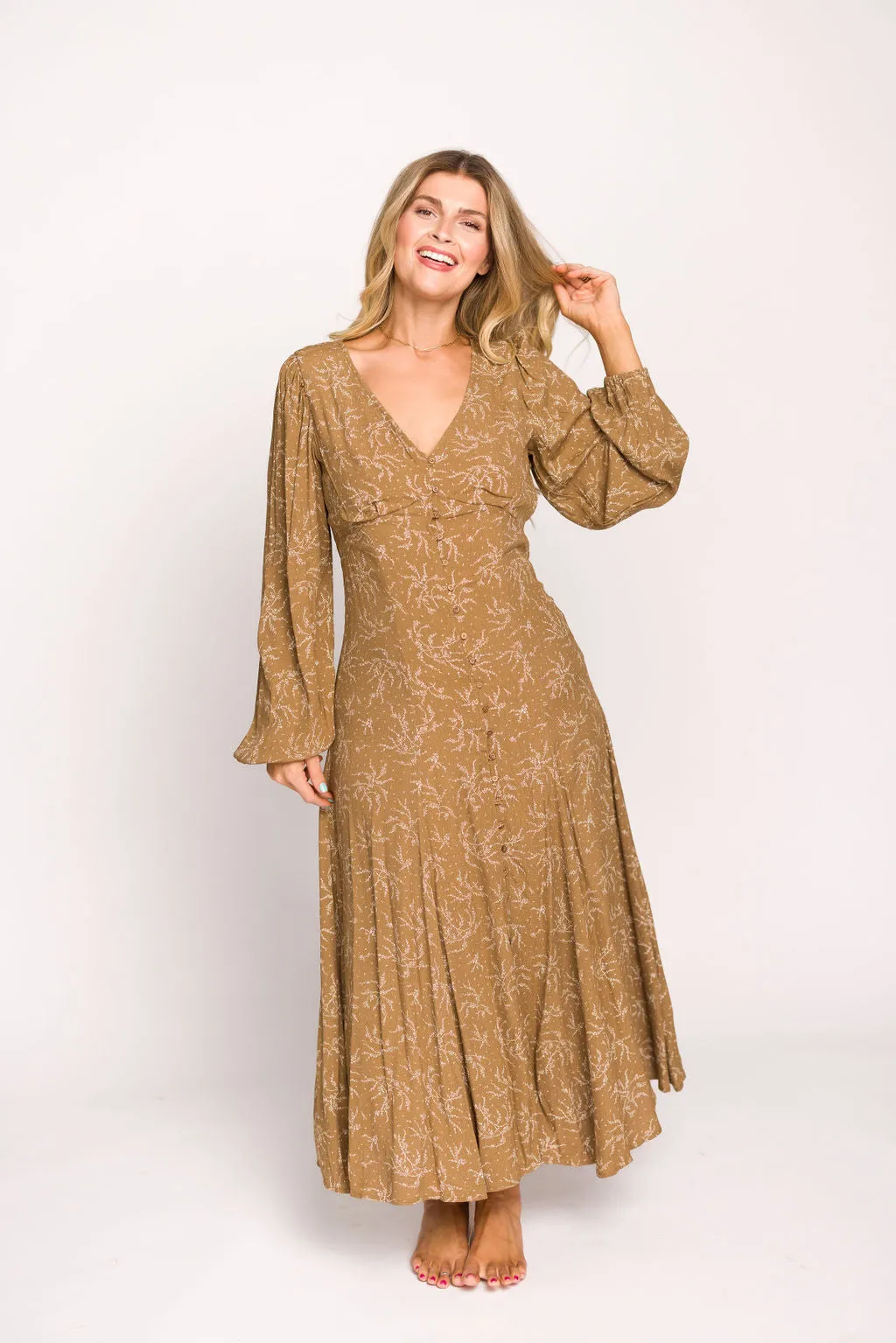 Brandi Long-Sleeve Button-Up Maxi Dress in Umber