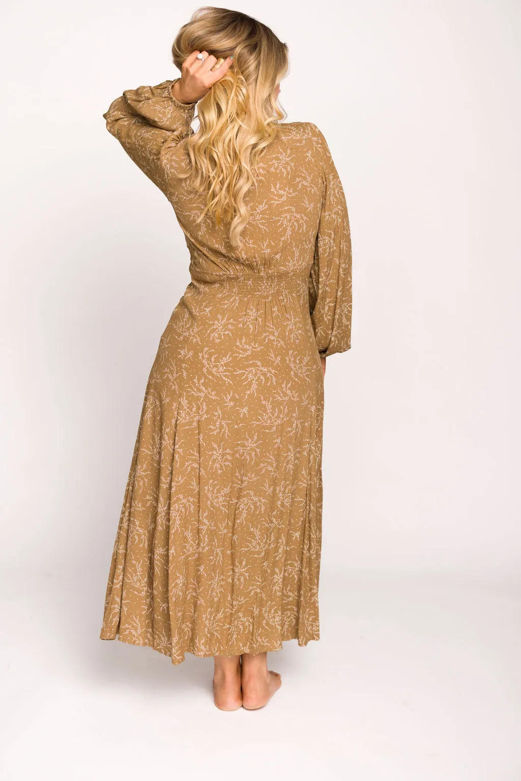 Brandi Long-Sleeve Button-Up Maxi Dress in Umber
