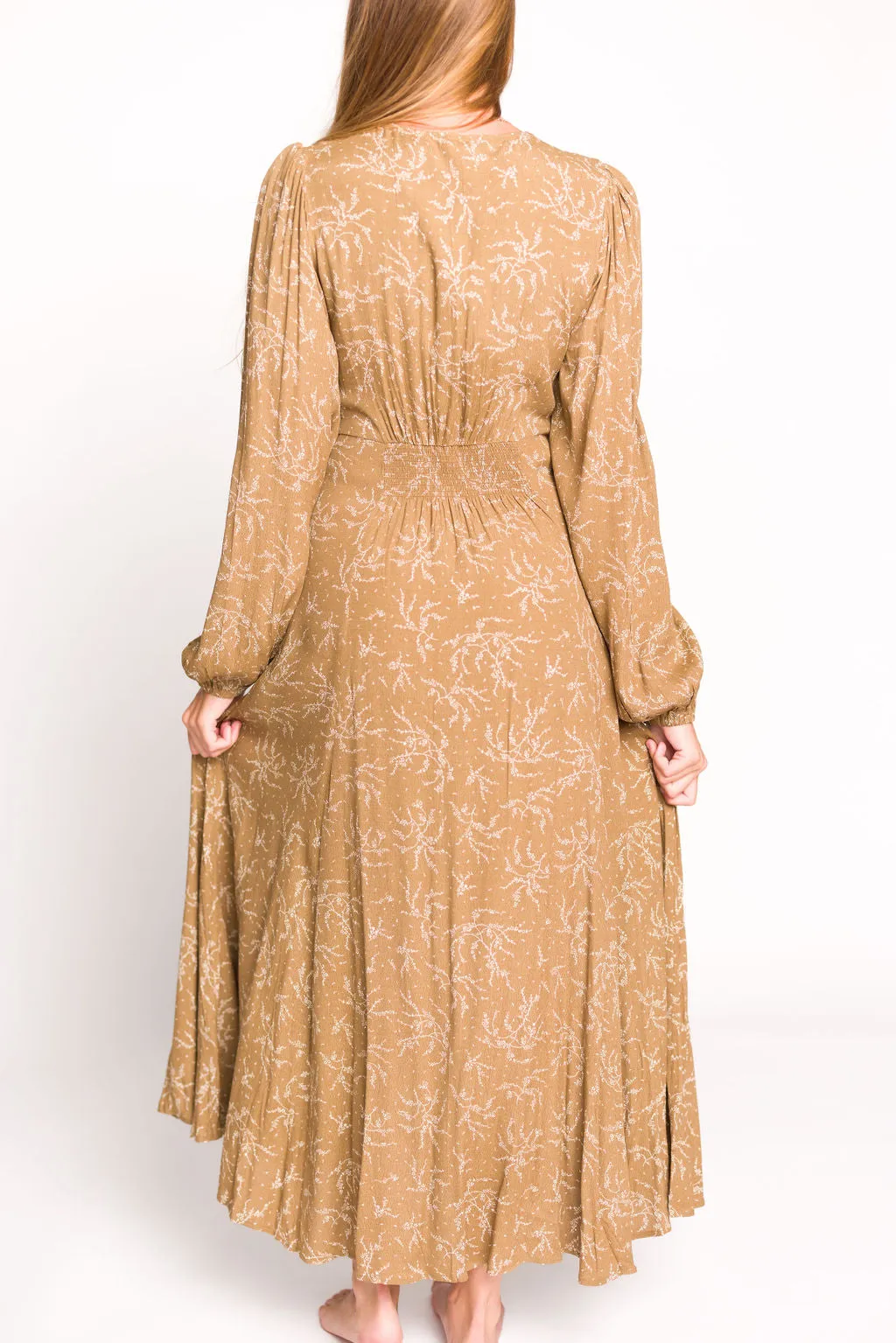 Brandi Long-Sleeve Button-Up Maxi Dress in Umber