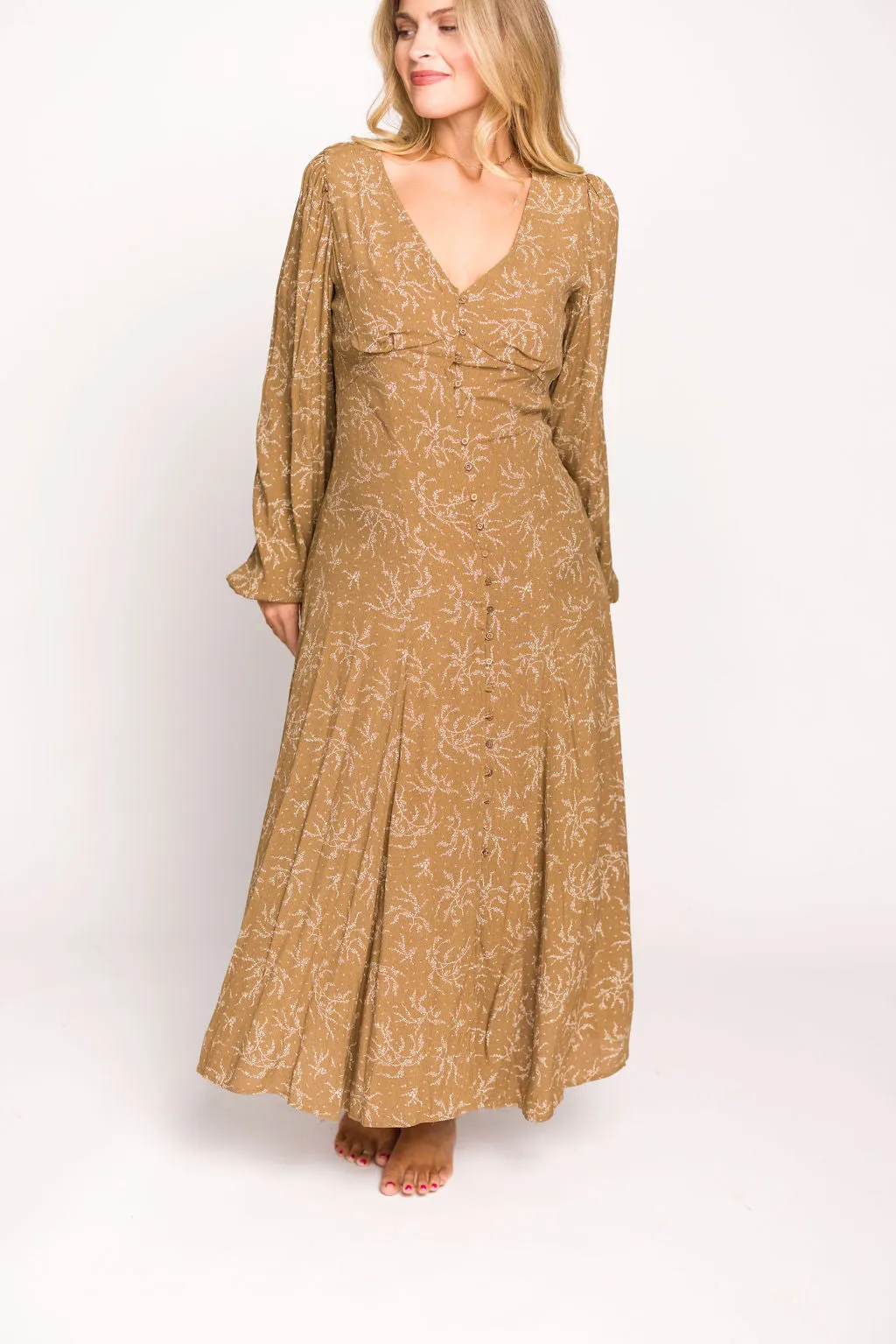 Brandi Long-Sleeve Button-Up Maxi Dress in Umber