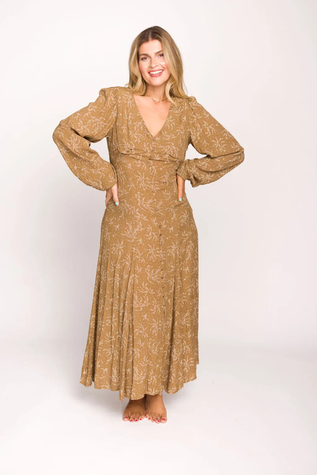 Brandi Long-Sleeve Button-Up Maxi Dress in Umber