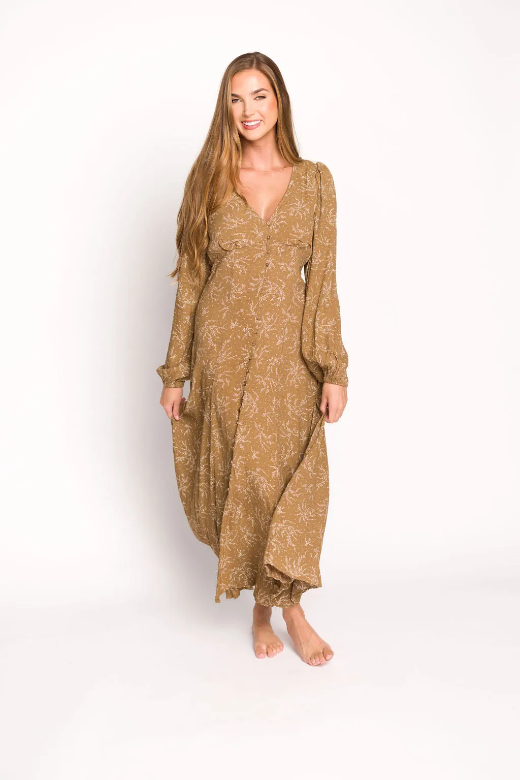 Brandi Long-Sleeve Button-Up Maxi Dress in Umber