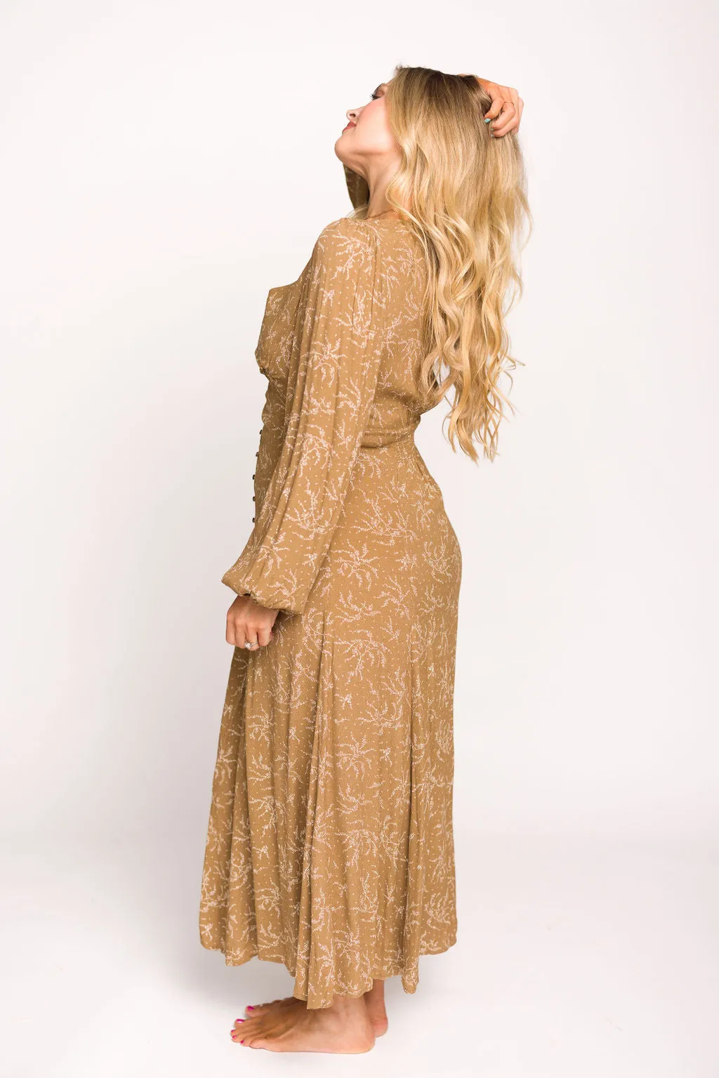 Brandi Long-Sleeve Button-Up Maxi Dress in Umber