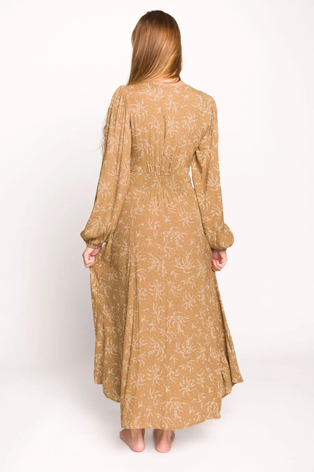Brandi Long-Sleeve Button-Up Maxi Dress in Umber