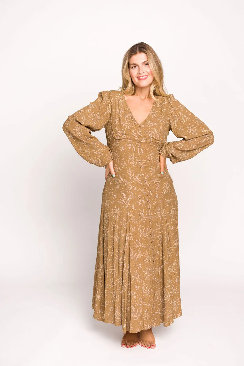 Brandi Long-Sleeve Button-Up Maxi Dress in Umber