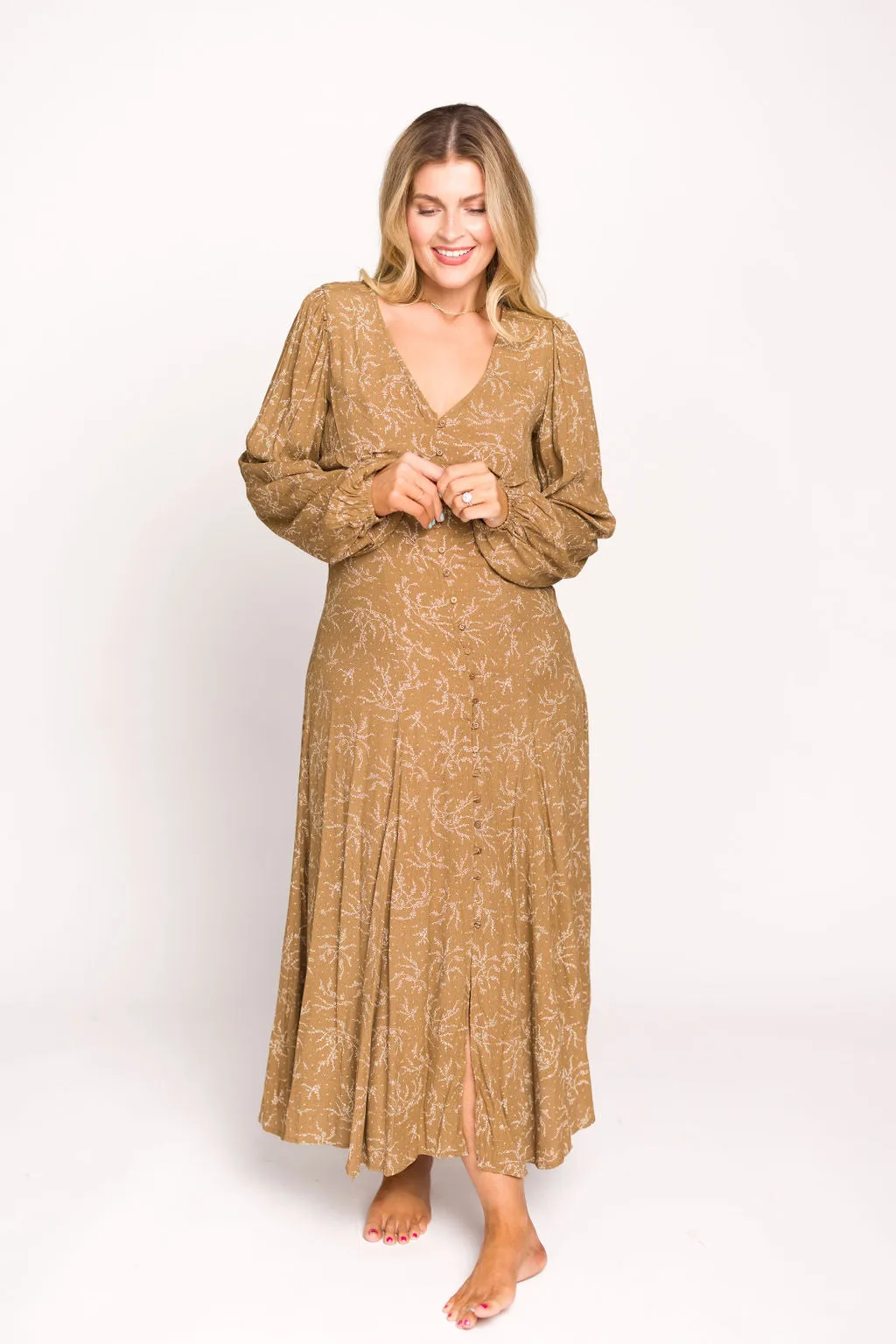 Brandi Long-Sleeve Button-Up Maxi Dress in Umber