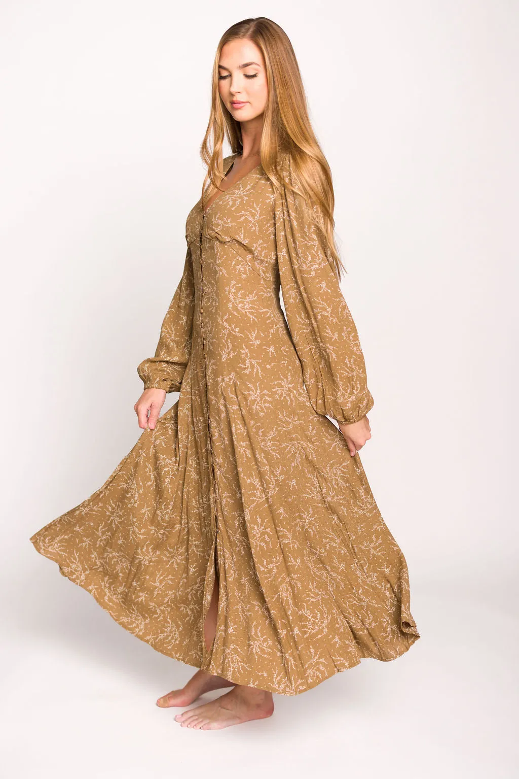 Brandi Long-Sleeve Button-Up Maxi Dress in Umber