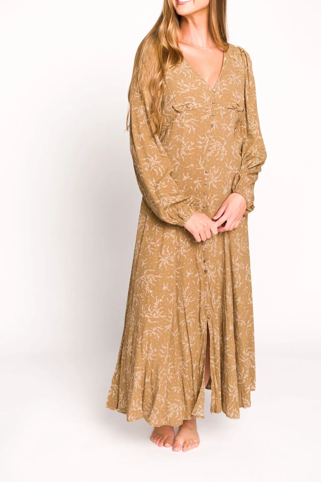 Brandi Long-Sleeve Button-Up Maxi Dress in Umber