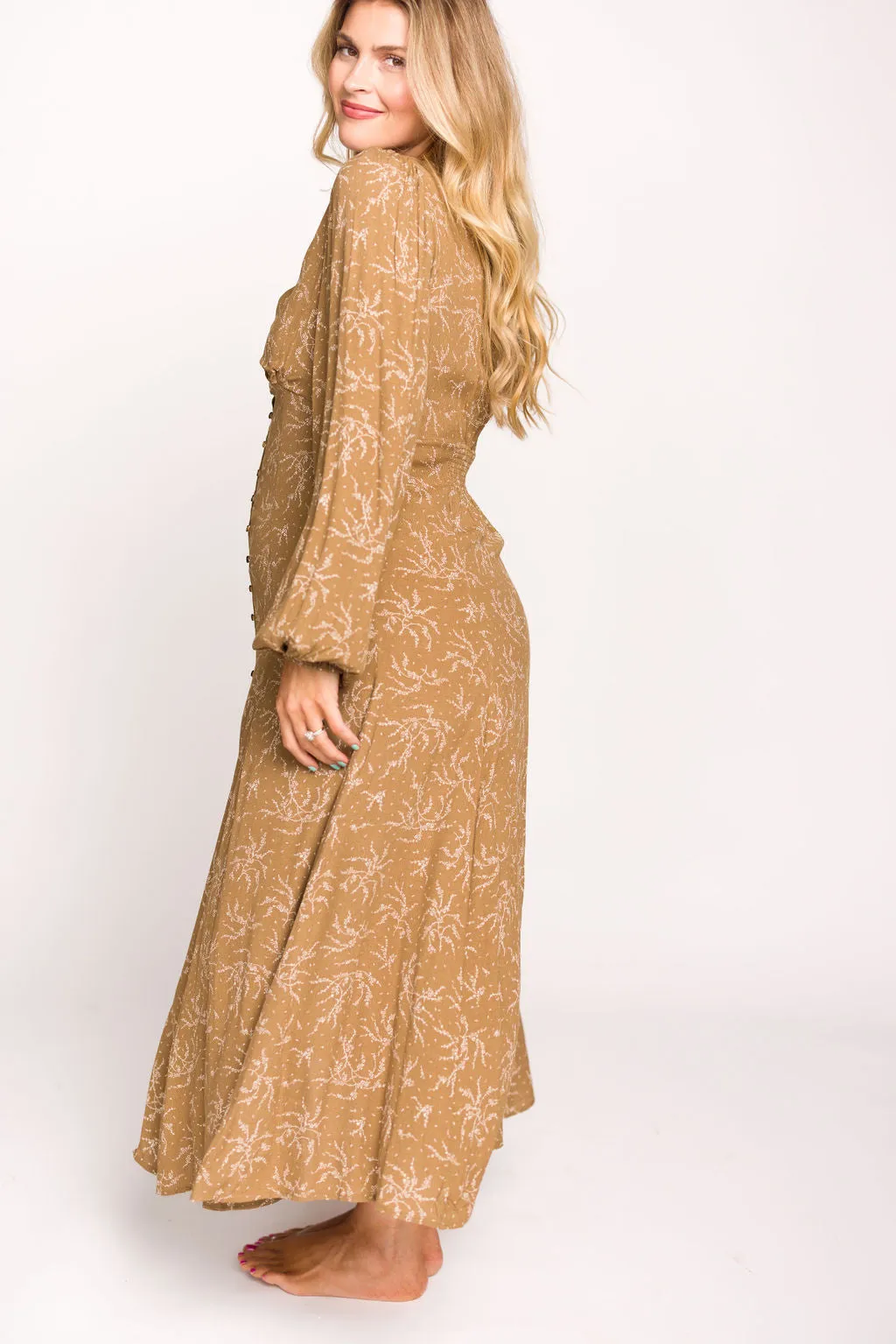 Brandi Long-Sleeve Button-Up Maxi Dress in Umber