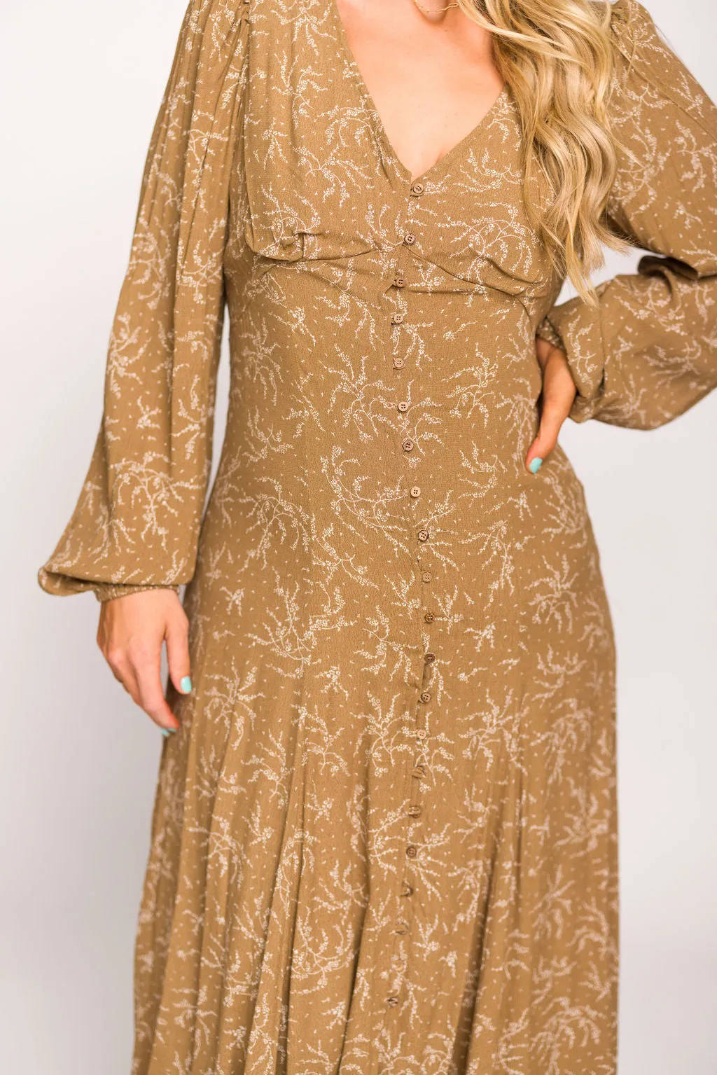 Brandi Long-Sleeve Button-Up Maxi Dress in Umber