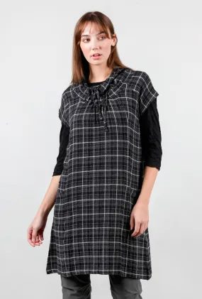 Drawstring Cowl Plaid Dress, Black
