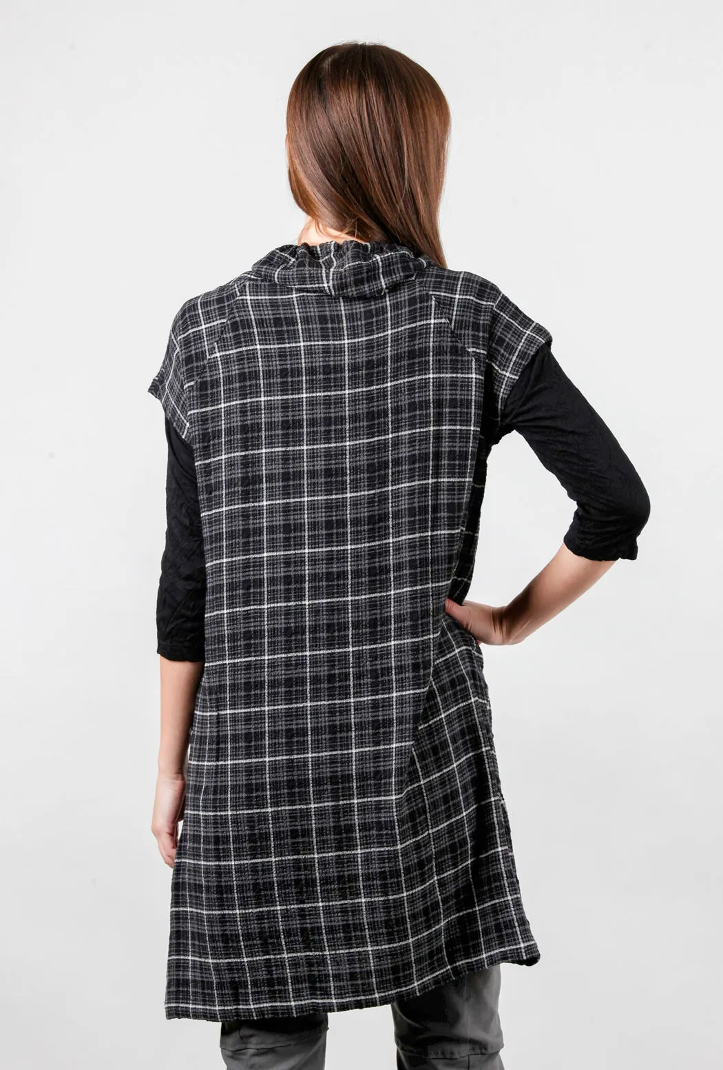 Drawstring Cowl Plaid Dress, Black