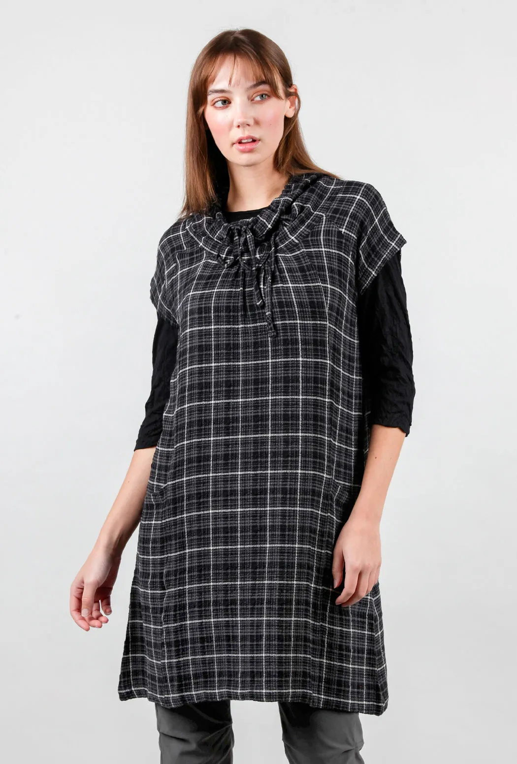 Drawstring Cowl Plaid Dress, Black