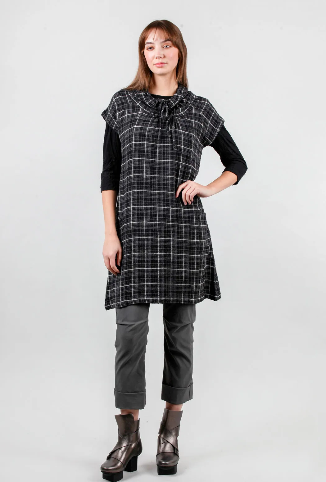 Drawstring Cowl Plaid Dress, Black