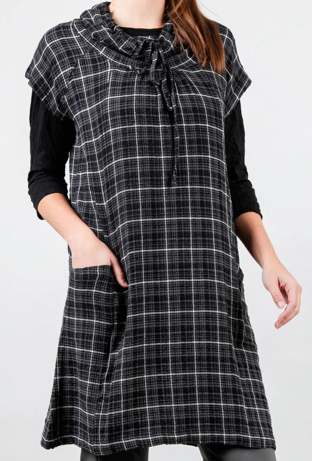 Drawstring Cowl Plaid Dress, Black