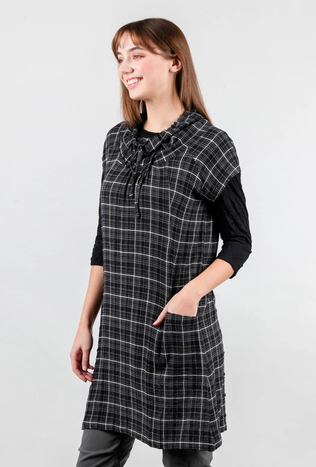 Drawstring Cowl Plaid Dress, Black