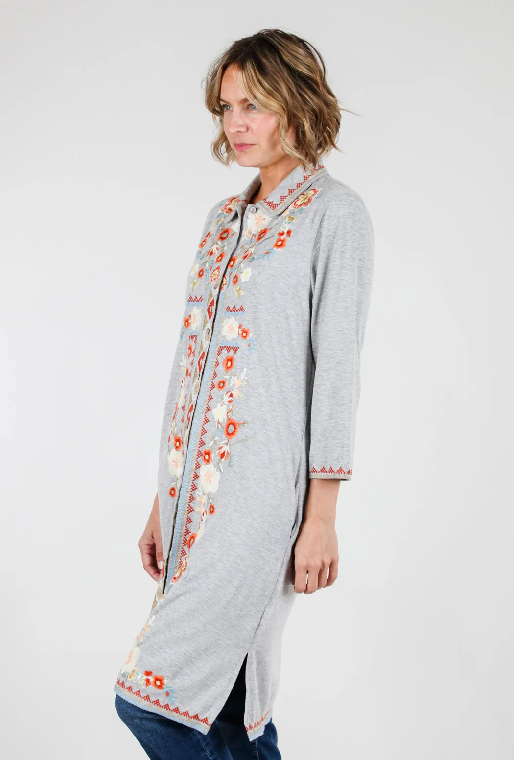 Embroidered Jersey Shirtdress, Gray