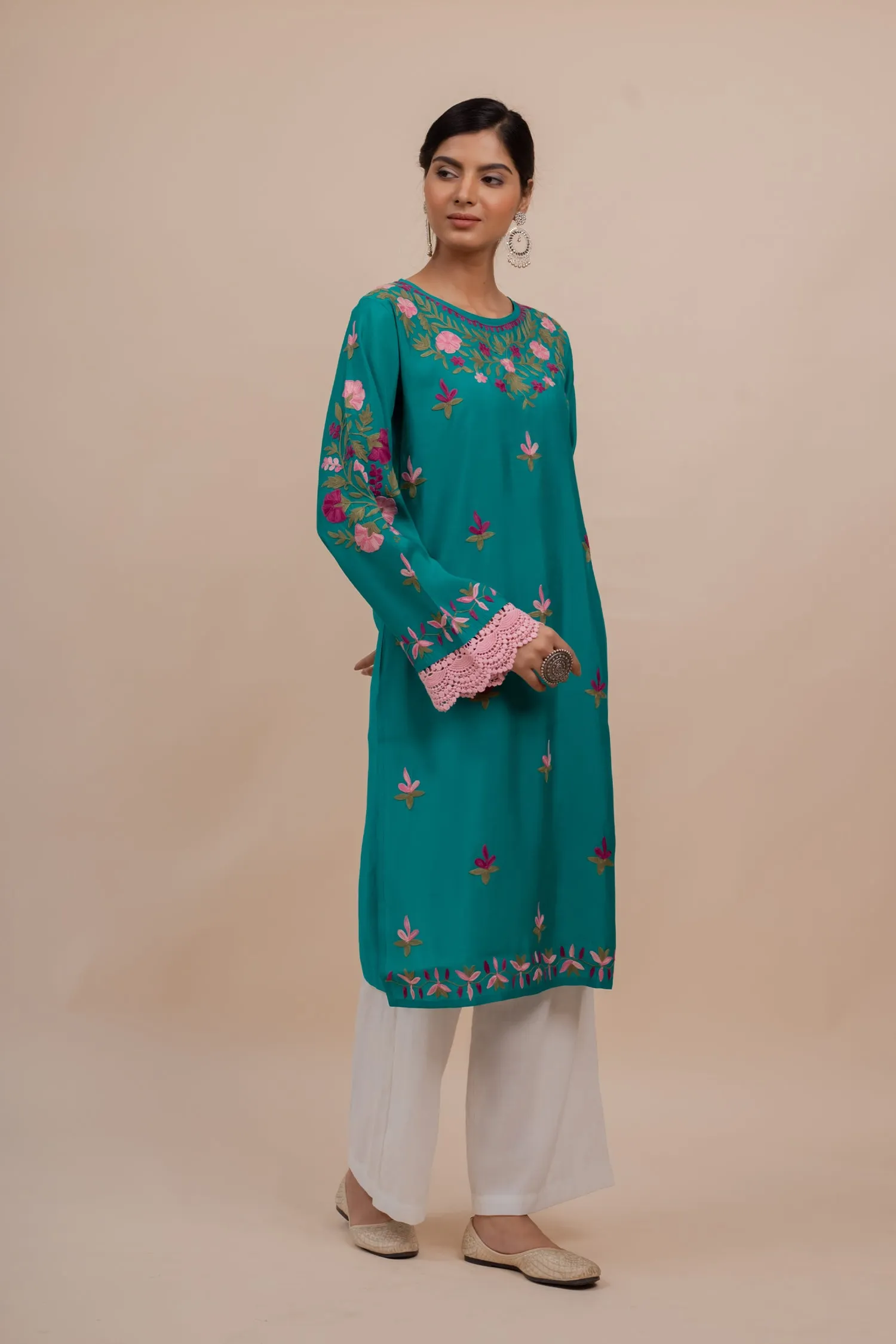 Falak Kashmiri Long Kurta In Turquoise Blue Muslin With Aari