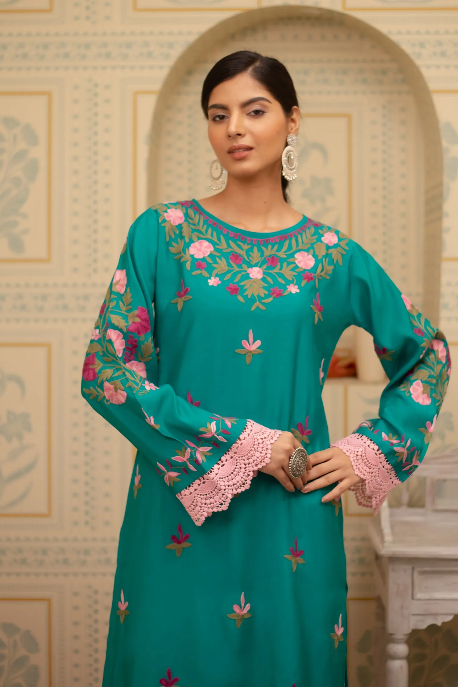 Falak Kashmiri Long Kurta In Turquoise Blue Muslin With Aari