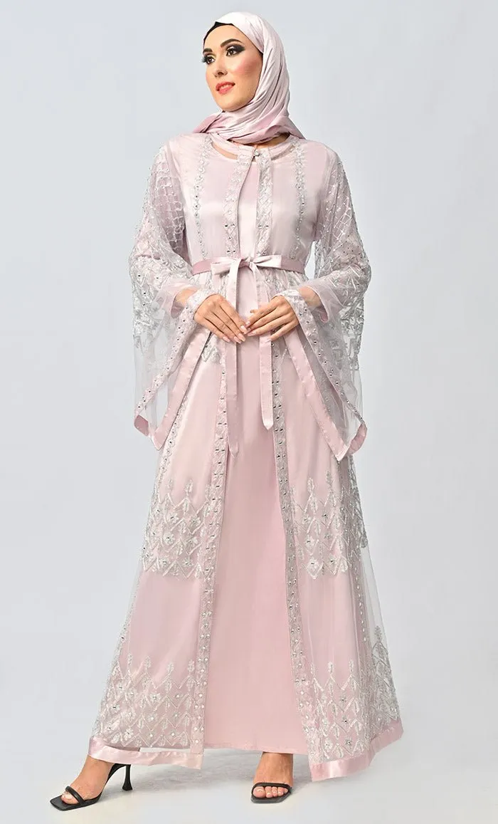 Fancy All Over Aari And Hand Work Embellished Abaya Designer Dress With Matching Hijab And Inner - Final Sale
