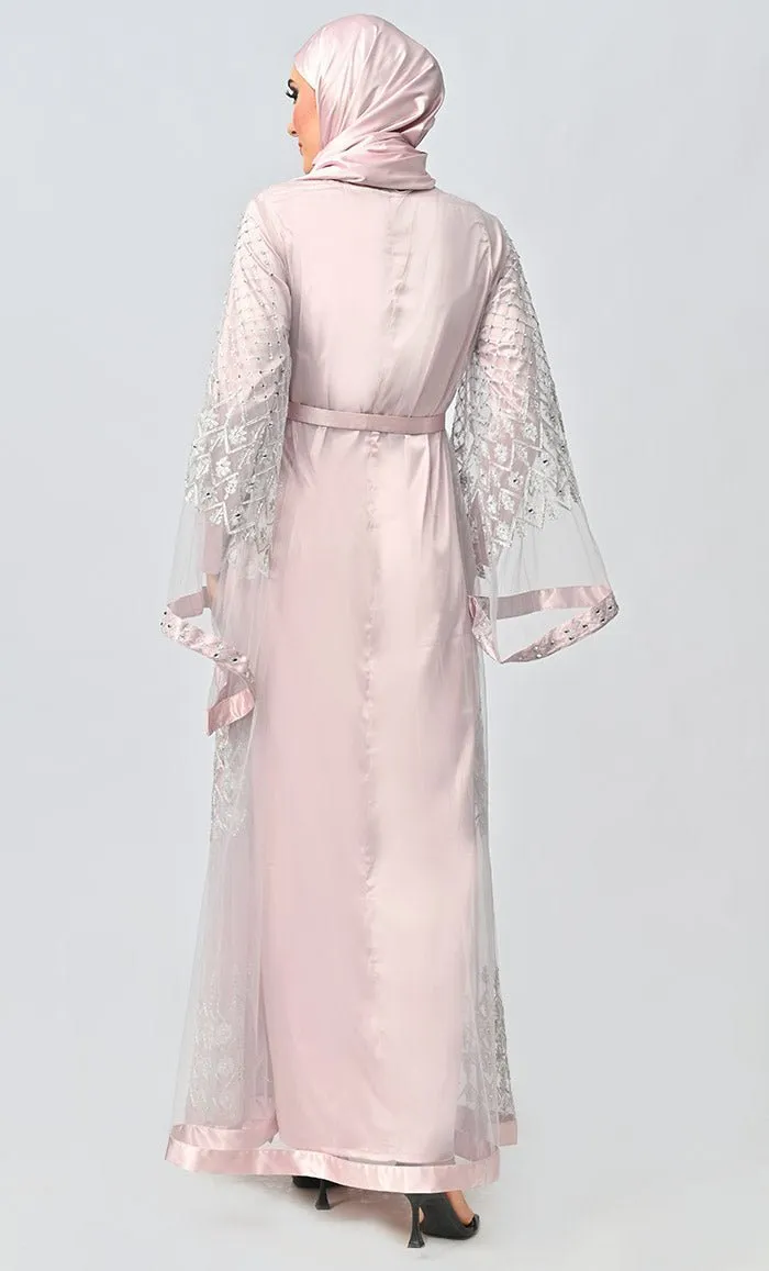 Fancy All Over Aari And Hand Work Embellished Abaya Designer Dress With Matching Hijab And Inner - Final Sale