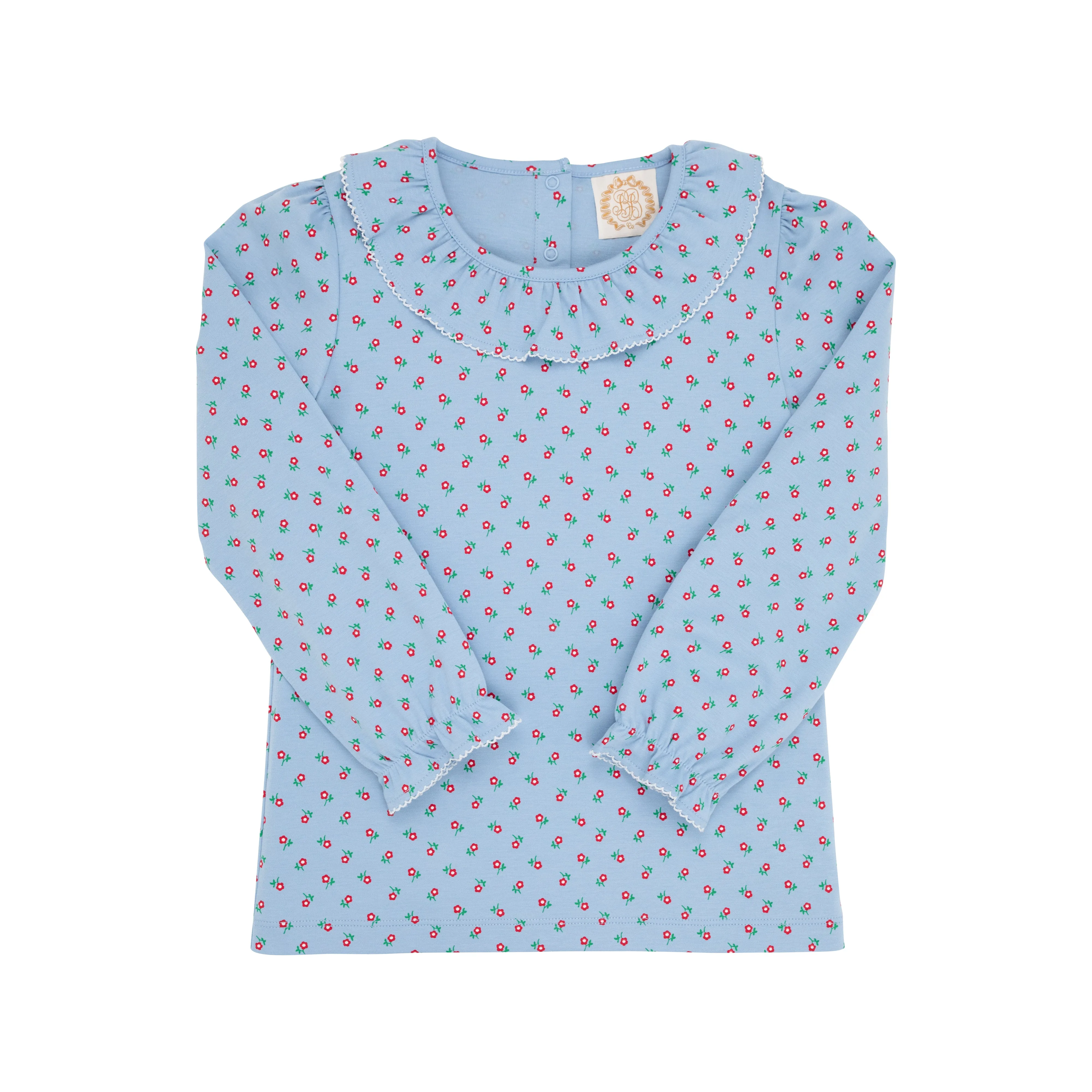 Long Sleeve Ramona Ruffle Collar Shirt & Onesie - Barrington Blue Midway Micro Floral with Palmetto Pearl
