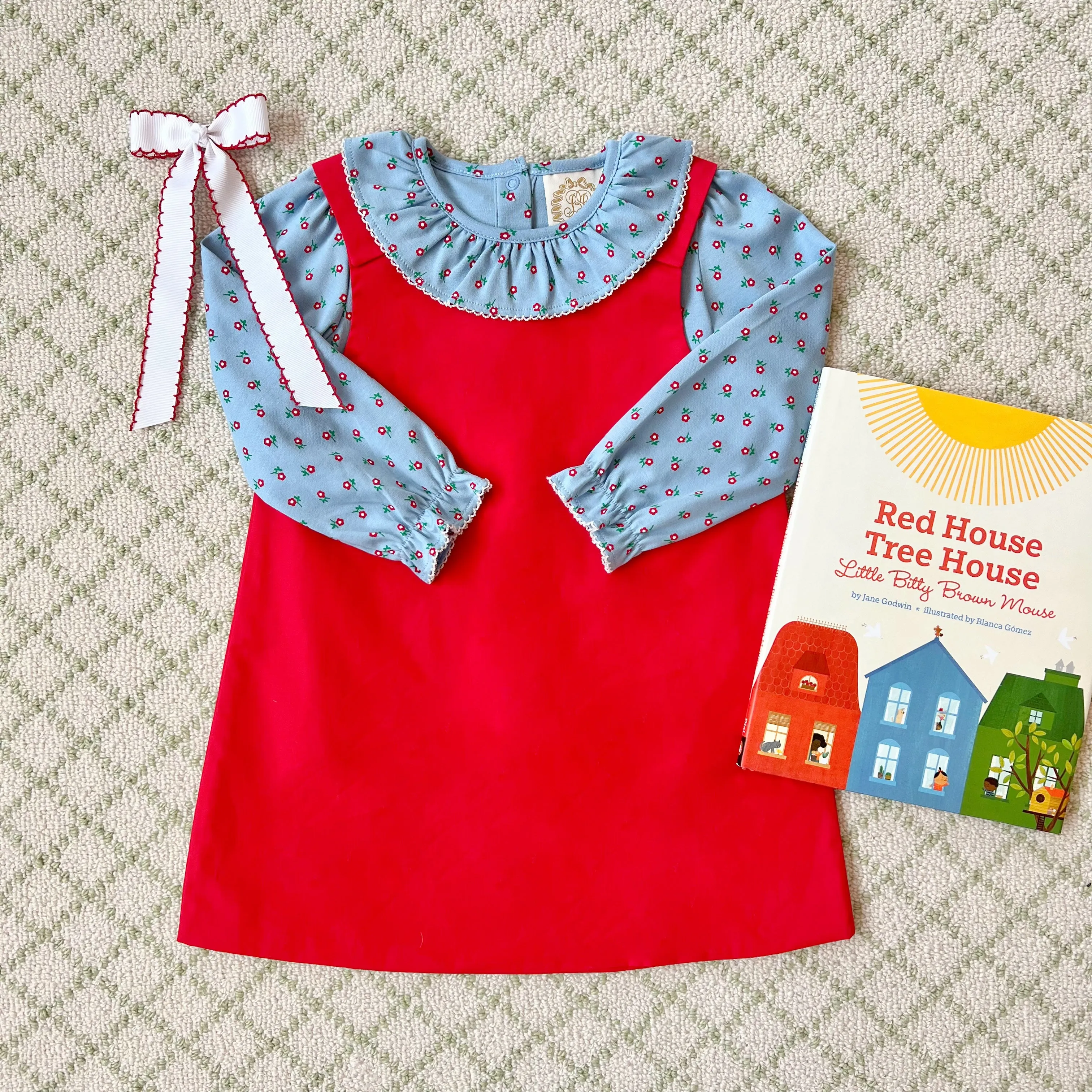 Long Sleeve Ramona Ruffle Collar Shirt & Onesie - Barrington Blue Midway Micro Floral with Palmetto Pearl