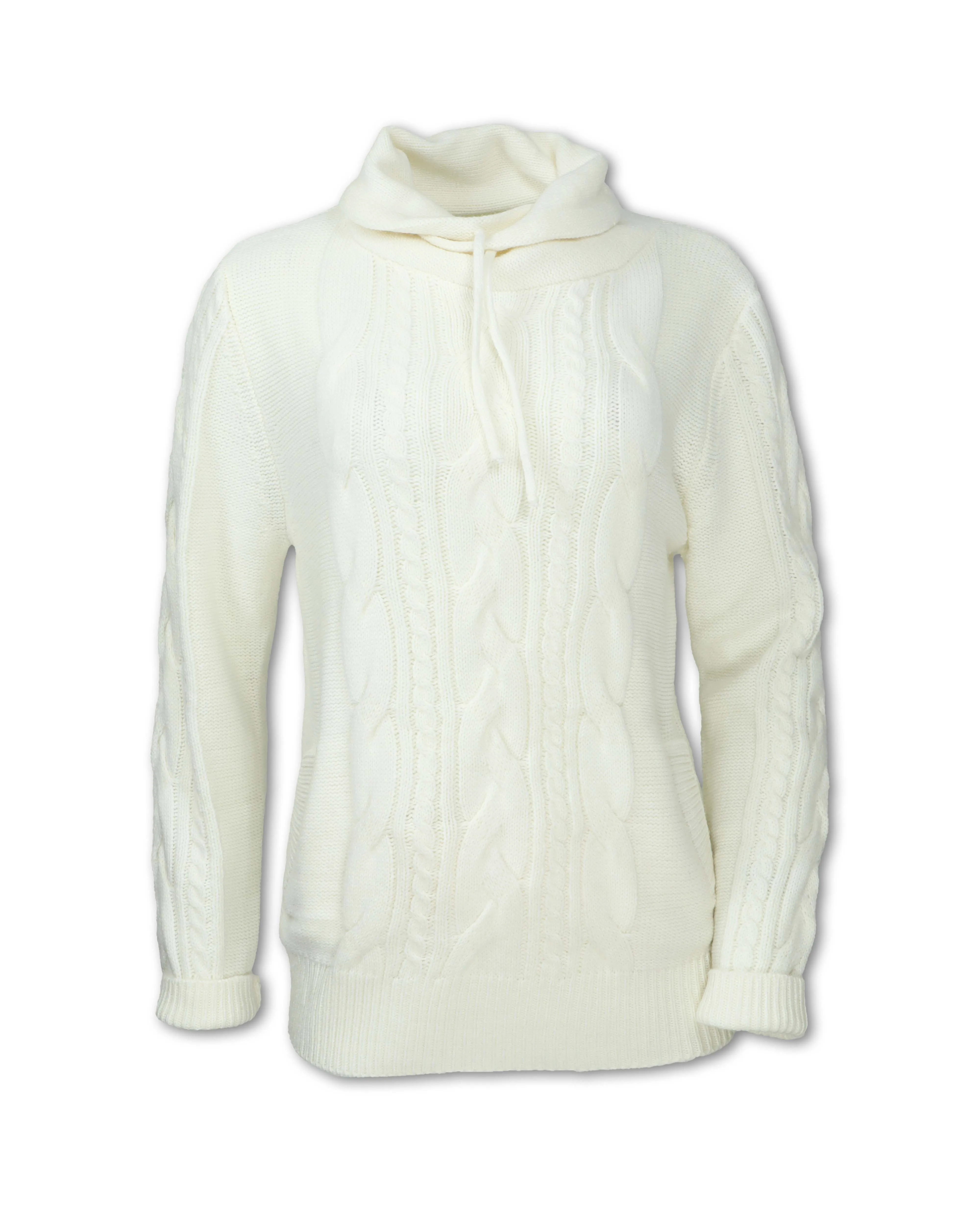 MERINO WOOL BLEND CABLE KNIT COWLNECK SWEATER