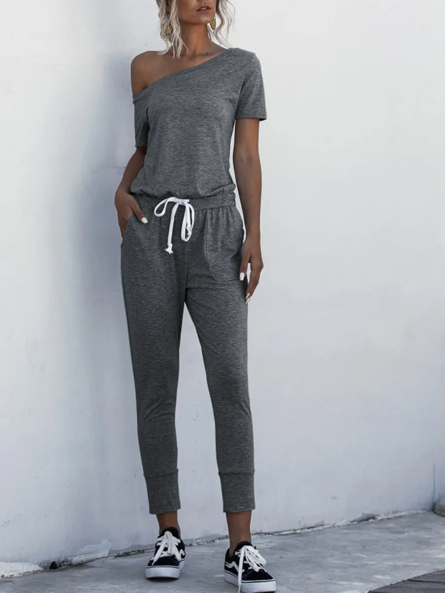 Off Shoulder  pocket Lace-up Jumpsuits