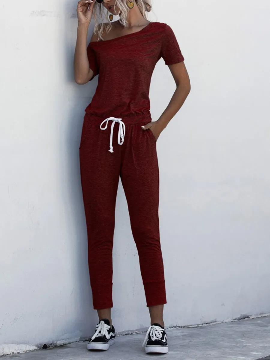 Off Shoulder  pocket Lace-up Jumpsuits