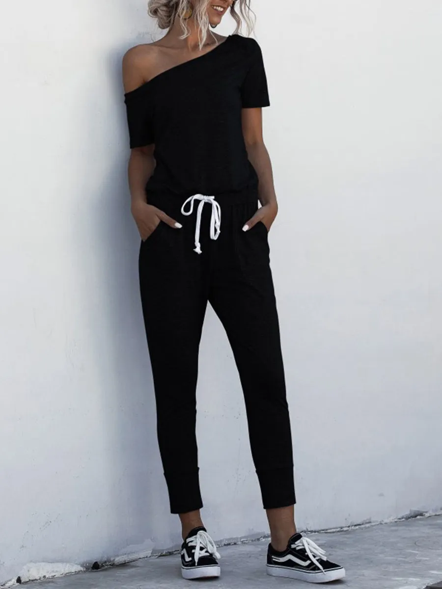 Off Shoulder  pocket Lace-up Jumpsuits
