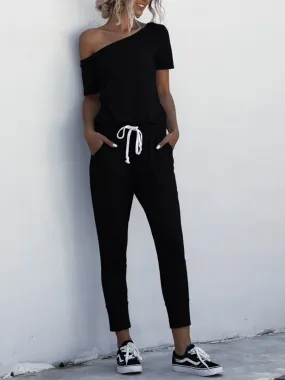Off Shoulder  pocket Lace-up Jumpsuits