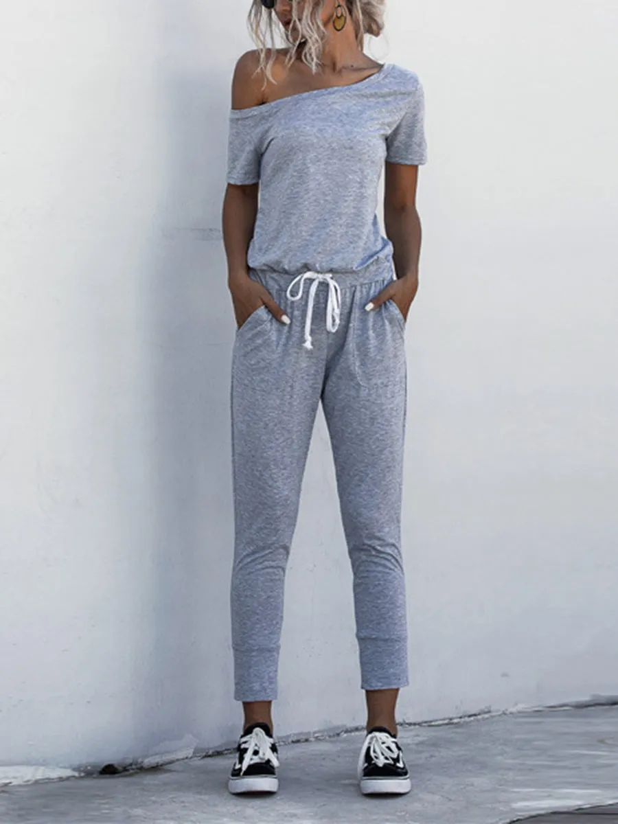 Off Shoulder  pocket Lace-up Jumpsuits