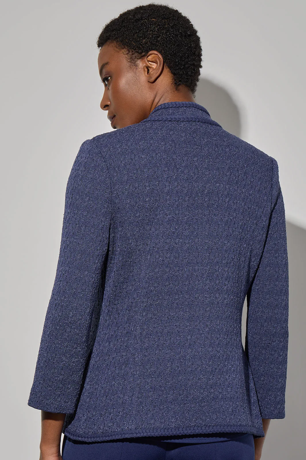 Plus Size Braided Trim Pointelle Knit Jacket
