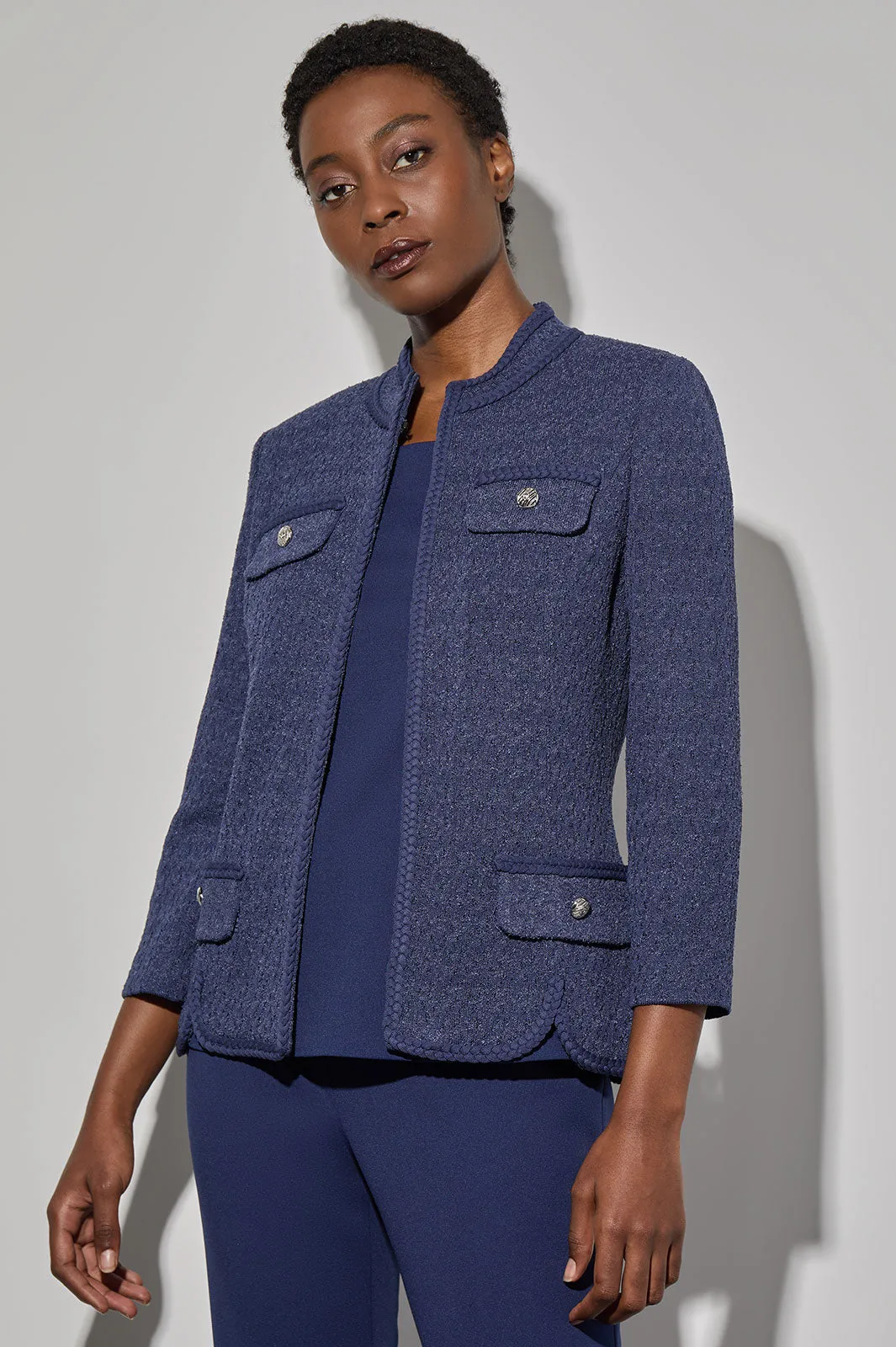 Plus Size Braided Trim Pointelle Knit Jacket