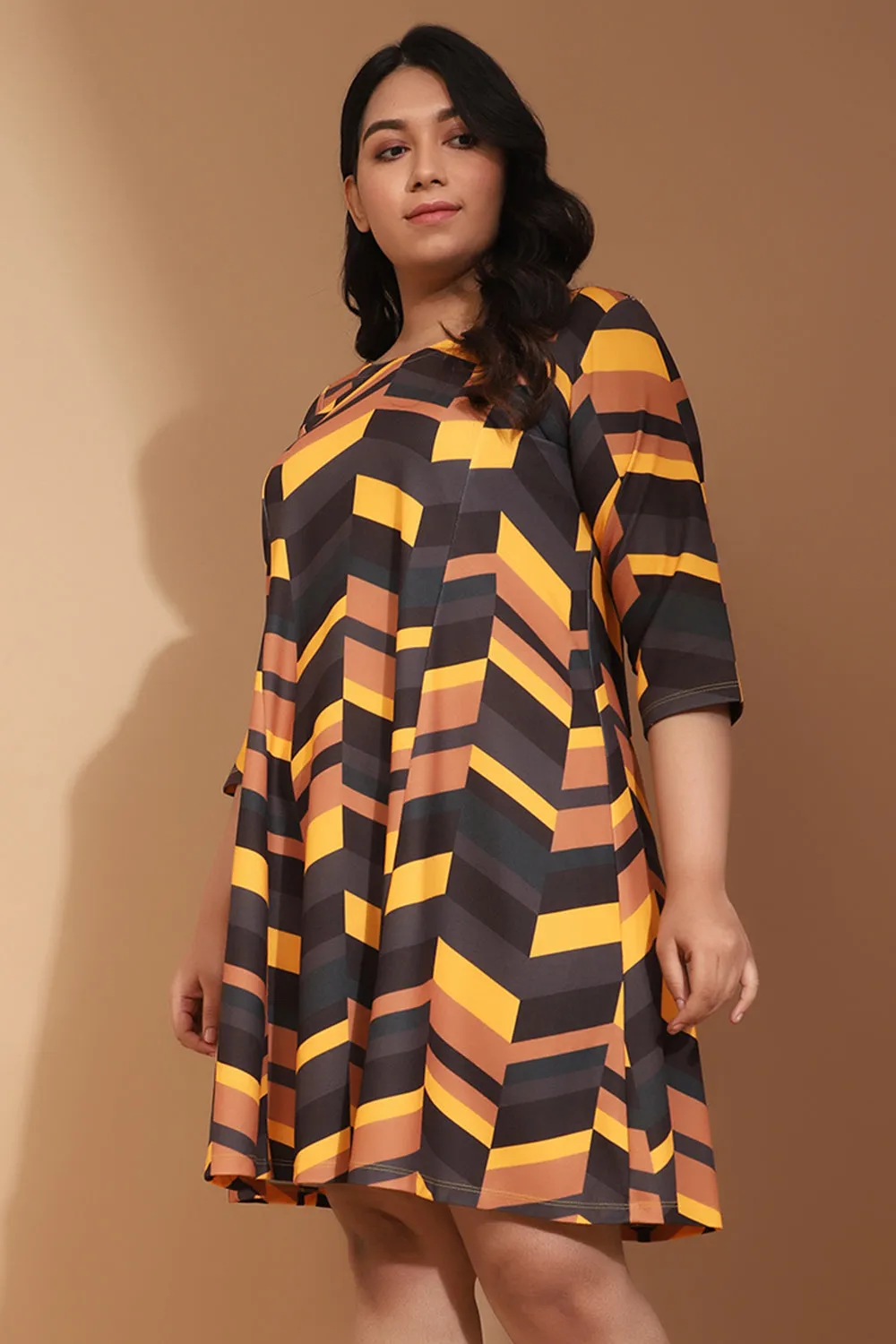 Plus Size Yellow Midi Dress in Chevron Play Print