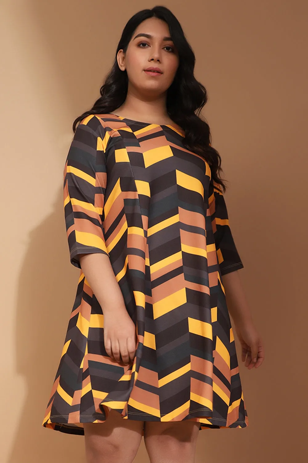 Plus Size Yellow Midi Dress in Chevron Play Print