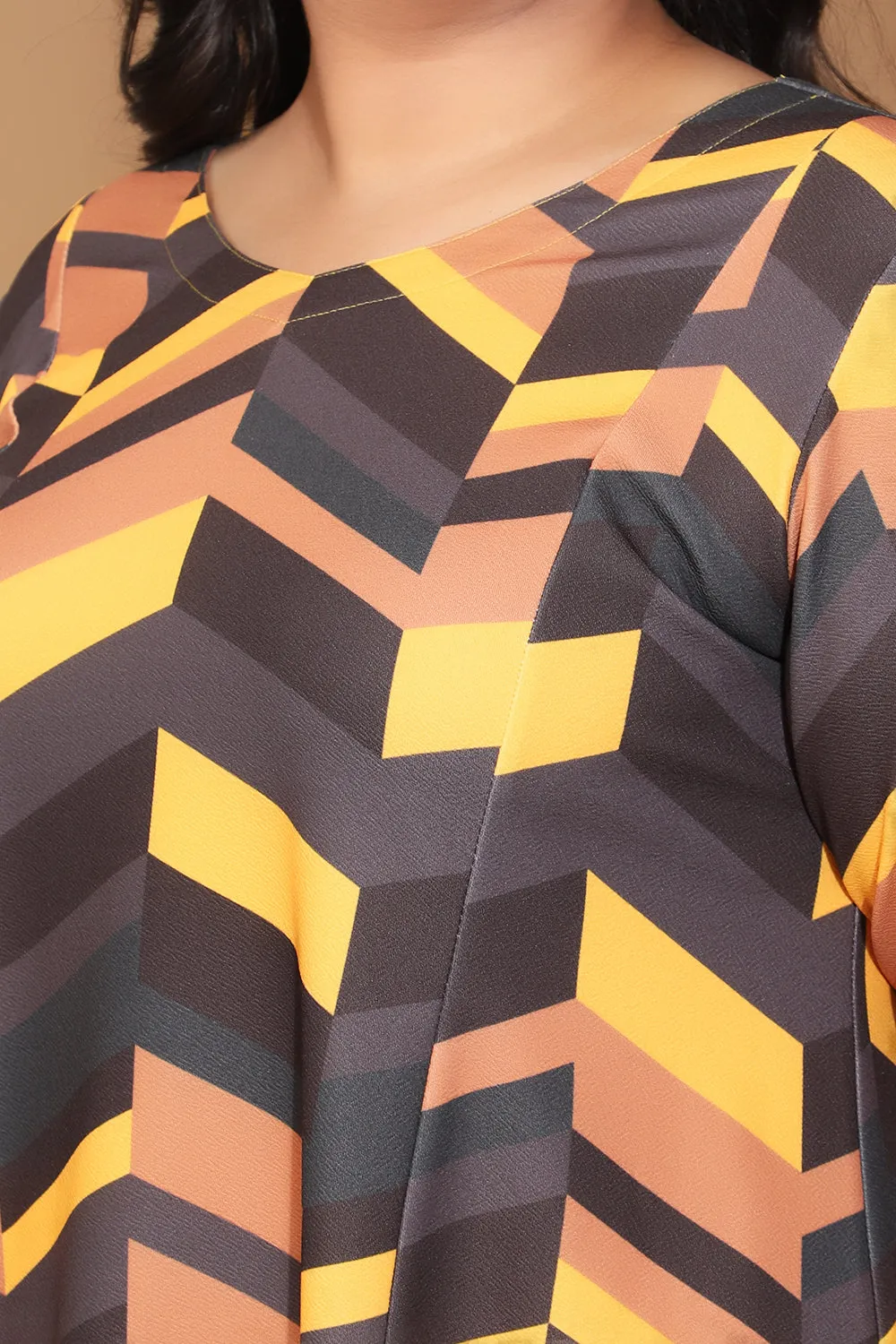 Plus Size Yellow Midi Dress in Chevron Play Print